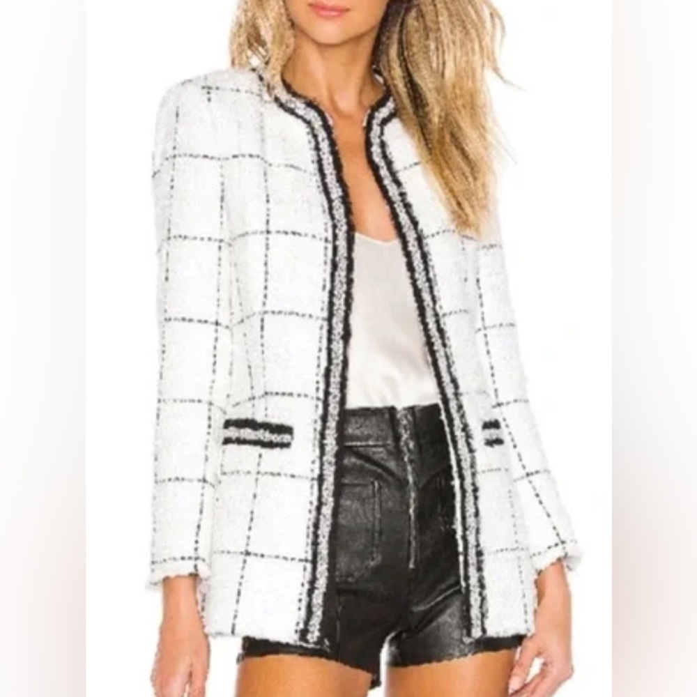 Alice + Olivia White Tweed Blazer with Black Check Pattern Size 6 NWT